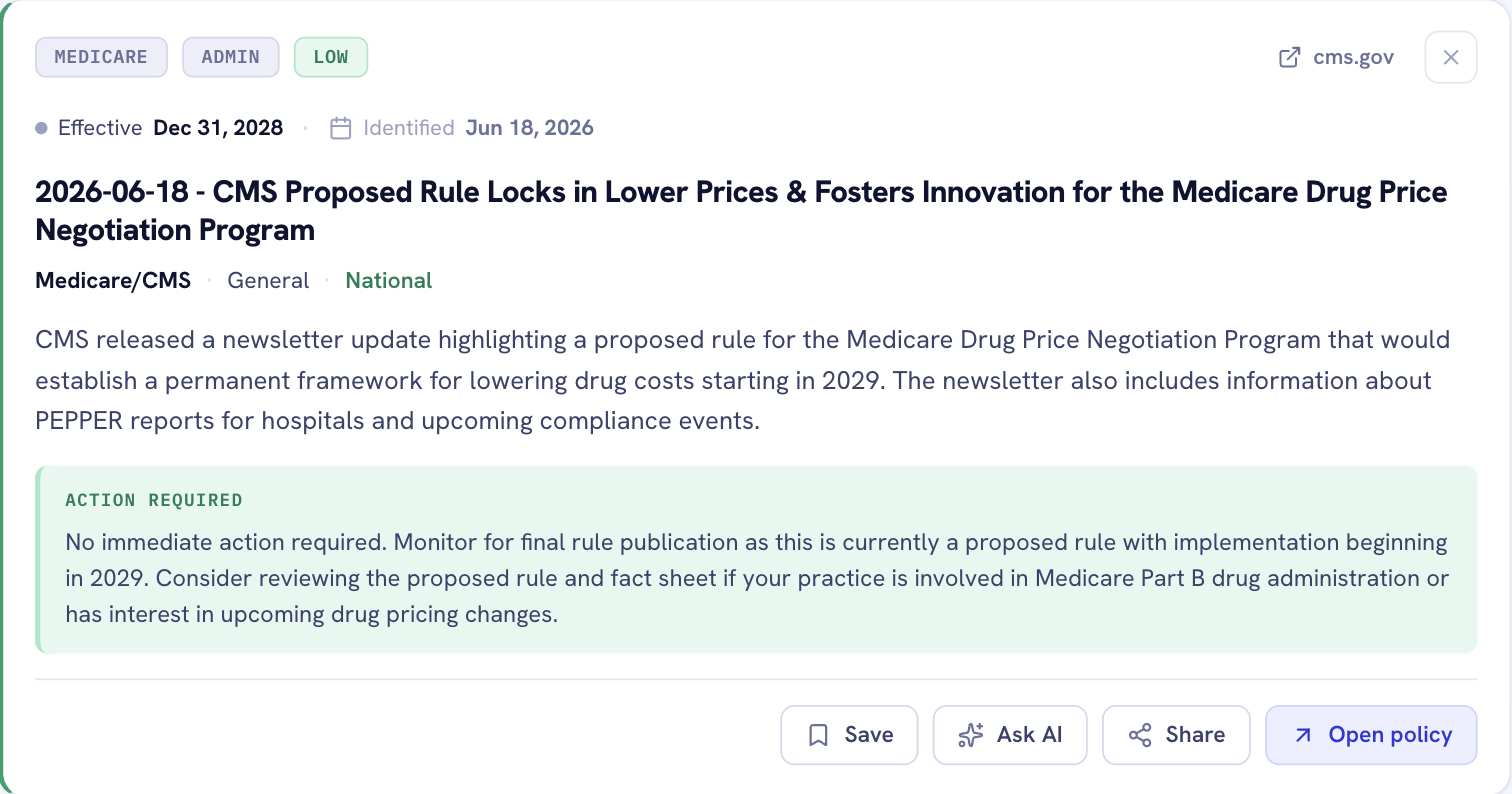 A PolicyChanges alert: a Medicare reimbursement change flagged HIGH, showing effective and identified dates, affected specialties, and a plain-language summary of the payment rule.